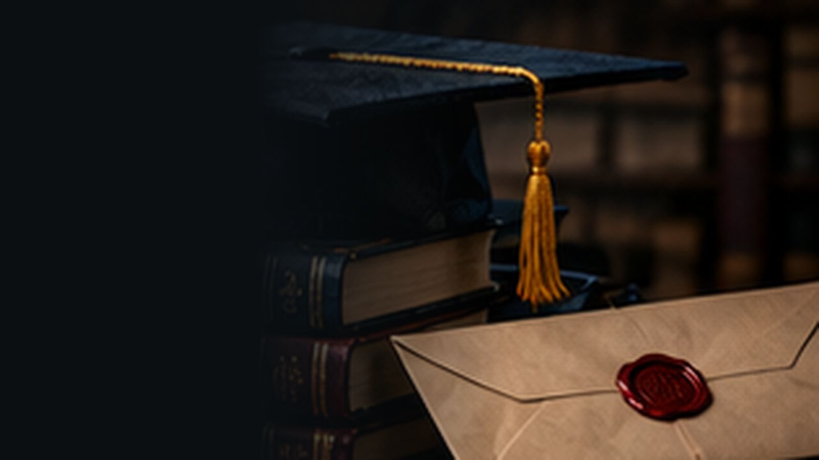 A graduation cap on medical textbooks beside a sealed envelope